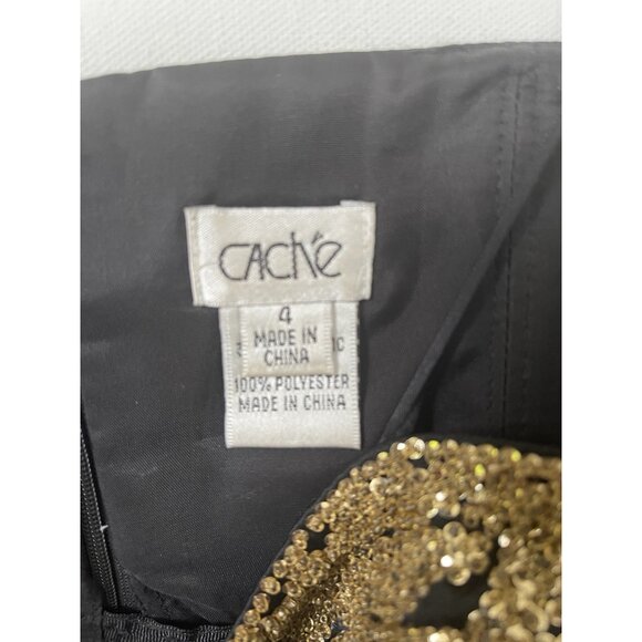 Cache Strapless Cocktail Dress Womens 4 Black Gold Floral Brocade Sequin Silk Pa - Picture 6 of 12